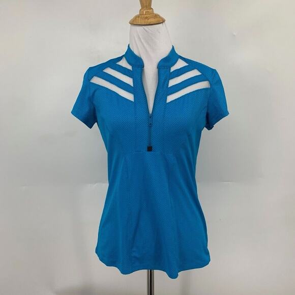 Lucky In Love Shirt Womens XS Extra Small Lagoon White Pin Dot Quarter Zip Polo - Picture 2 of 11